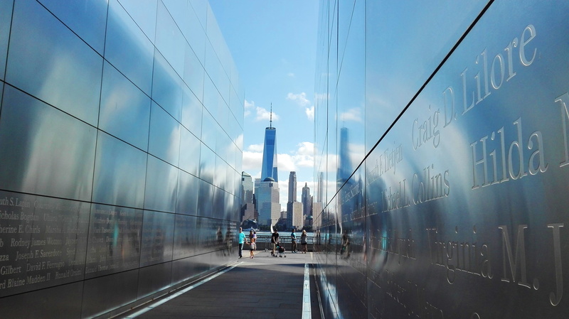 transportation, office building exterior, day, liberty park, city life, city, skyscraper, tribute, wall - building feature, names, architecture, modern