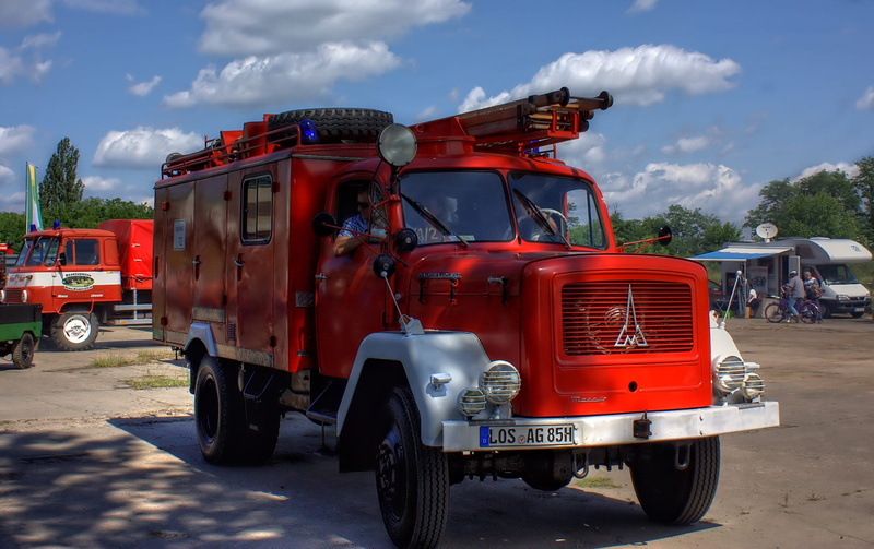 Fire, street, truck, transportation, outdoors, Oldtimer, fire fighting attack, city, incidental people, firetruck, cloud - sky, fire engine, car, Vintage