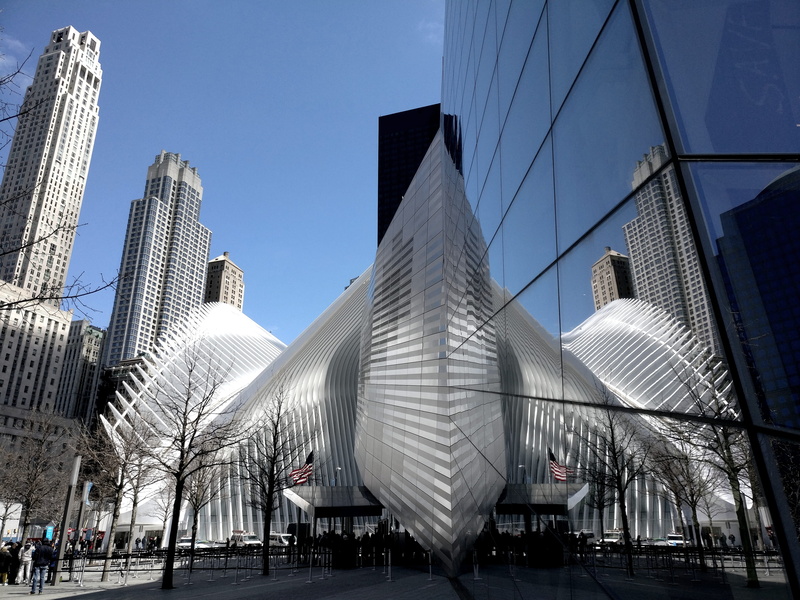 4K, new york, tower, financial district, parallelisme, outdoors, transportation, blue, mirror, architecture, city, 9/11, white, blanc, buildings, parallelism