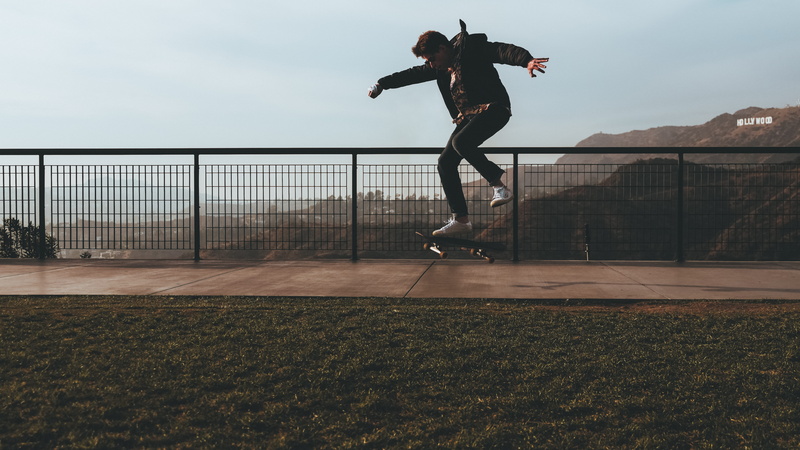 trick, railing, athlete, style, horizon, 5K, nature, griffith observatory, hollywood sign, jump, los angeles, jumping, hollywood, national park, sport