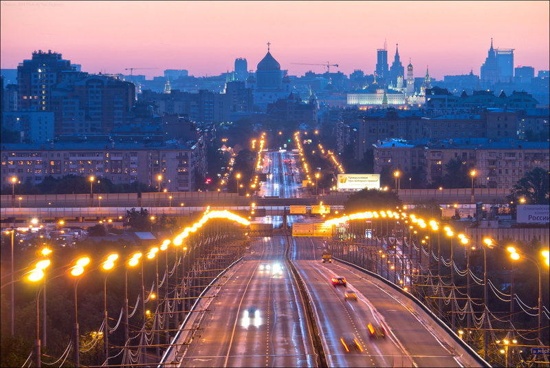 Moscow, road, Russia, bridge, city, evening, buildings, lights, home, 1080P