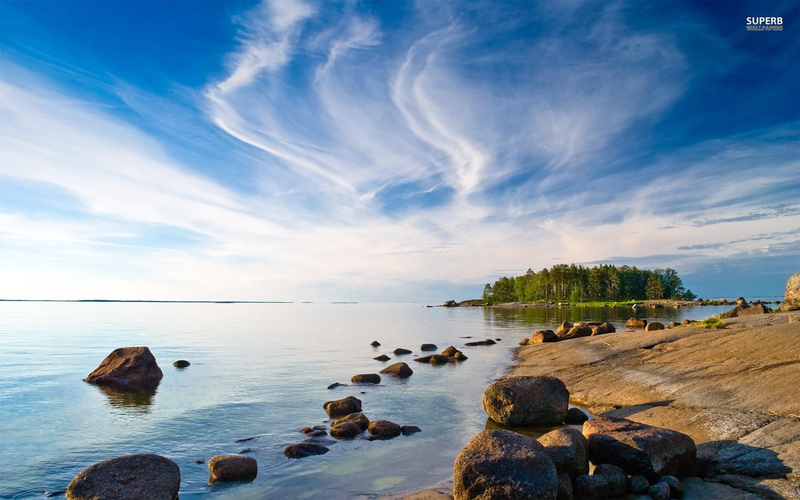 shore, trees, water, nature, beautiful, s, 1080P, nature and landscapes, clouds, rocks, lake