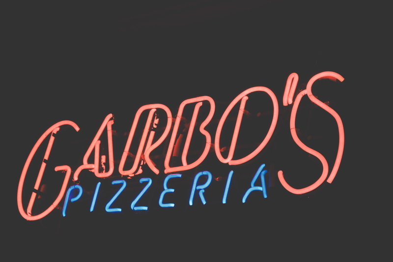 nightlife, city, writing, message, food and drink, text, western script, lights, single word, blue, garbos pizzeria, neon colored, illuminated, handwriting