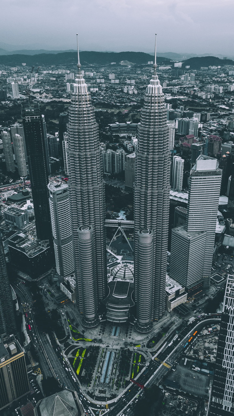 moody, view, dark, twin, aerial view, tower, tall - high, modern, skyscraper, office building exterior, travel destinations, residential district, buildings