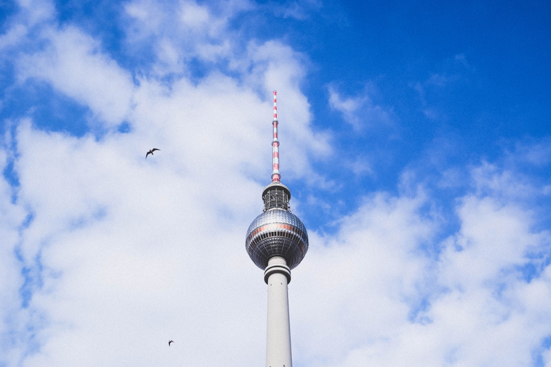 berlin, architecture, lines, geometry, buildings, minimal, abstract, perspective, 4K, blue, tower, fly, spire, tourism, communication, sky, building, low angle view