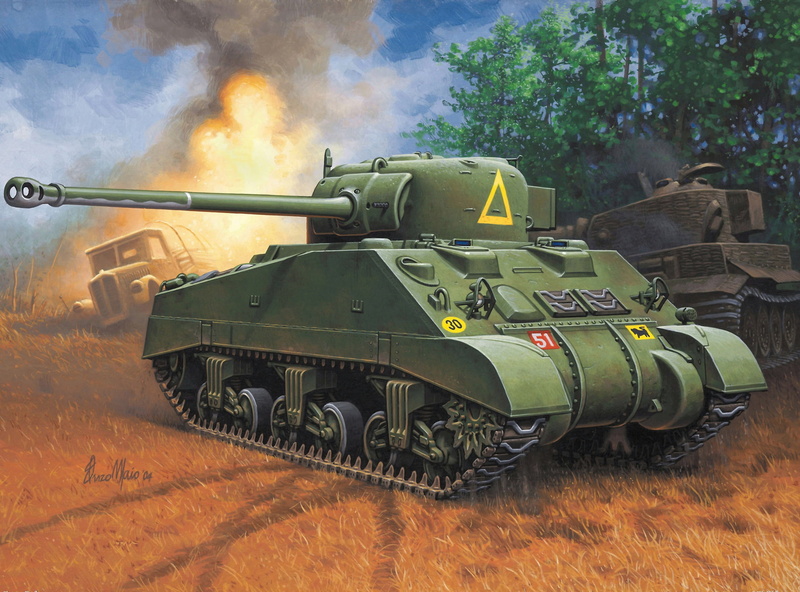 field, tank, armored tank, 2K, gun, flame, 17-pound, fire, outdoors, military, war, car, fighting, day, Sherman, government, art, weapon, protection, security