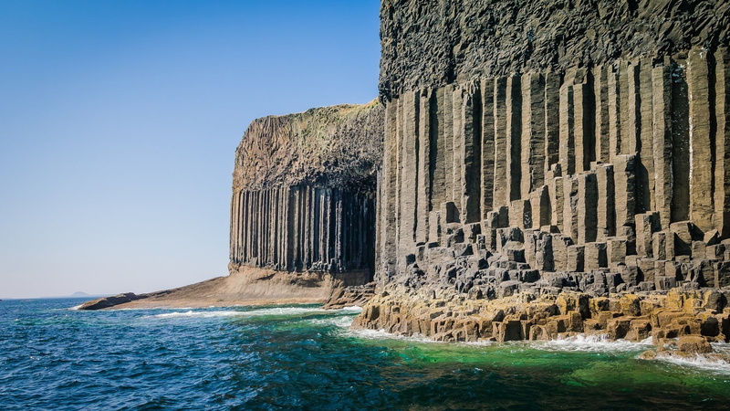 rock formation, Staffa Island, erosion, landscape, 1080P, UK, column, cliff, rock, coast, beach, Scotland, pillar, nature, sea