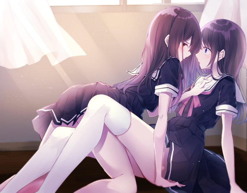 females, young women, two people, indoors, beautiful woman, young adult, sitting, beauty, teenager, day, yuri, sunlight, full length, shoujo, adult, women