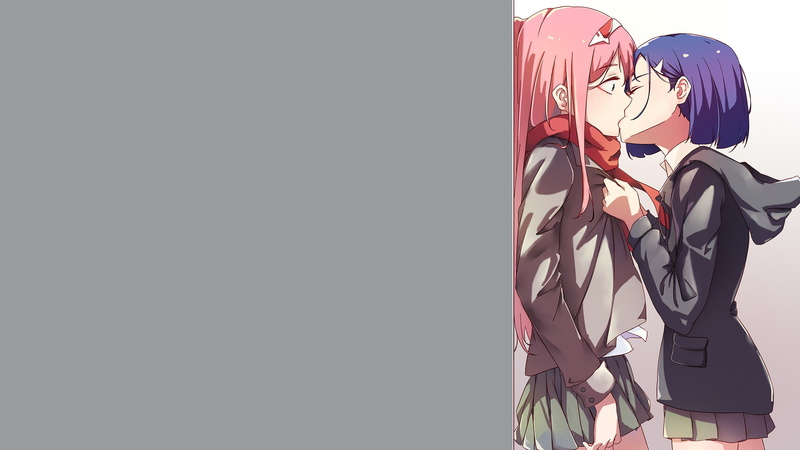yuri, zero, blue, eyes, seifuku, headband, tagme, 1080P, pink, 261701, two, scarf, long, gray, (artist), short, horns, green, kiss, com, skirt, hair, konachan