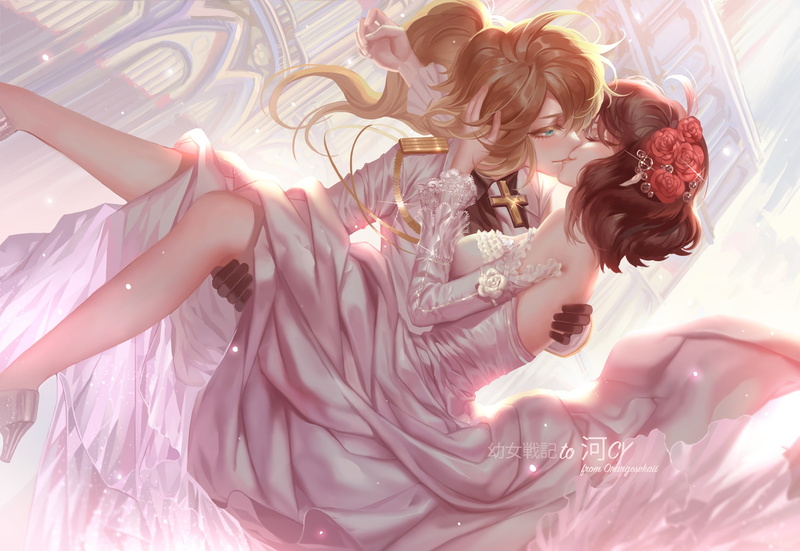 blonde, gloves, attire, shoujo, com, long, kiss, wedding, eyes, 1080P, 254155, uniform, watermark, hair, rose, dress, 2girls, youjo, cross, flowers, konachan