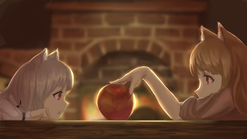 koushinryou, wolfgirl, food, konachan, 257867, ookami, youzi, fruit, short, 1080P, brown, fire, apple, 2girls, hair, long, animal, gray, (small, horo