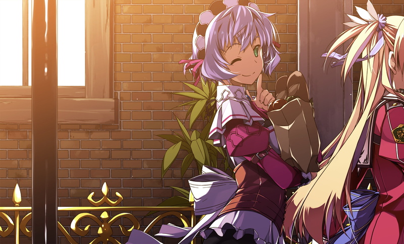 2girls, kiseki, food, hair, short, alisa, sen, purple, 1080P, long, sharon, konachan, 253279, shikei, eyes, headdress, green, wink, ribbons, kruger, blonde