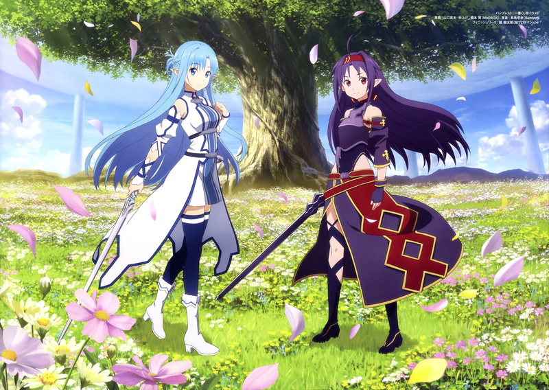 hair, sword, headband, clouds, eyes, skirt, gloves, weapon, 4K, tree, red, flowers, thighhighs, armor, com, 258358, long, grass, sky, konachan, petals