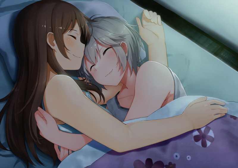 minami, 2girls, white, sleeping, 248493, long, dacchi, hair, (idolmaster), com, konachan, shoujo, anastasia, idolmaster, 1080P, nitta, brown, hug, short