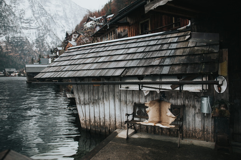 water, outdoors, seat, animal skin, built structure, 5K, brown, mounatin, near, grey, landscape, bench, wood - Material, lakeside, one person, wooden