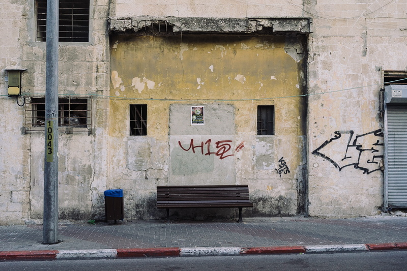 bench, street, wooden, entrance, graffiti, text, light, architecture, western script, near, 5K, rubbish bin, building, abandoned, security, lamp post