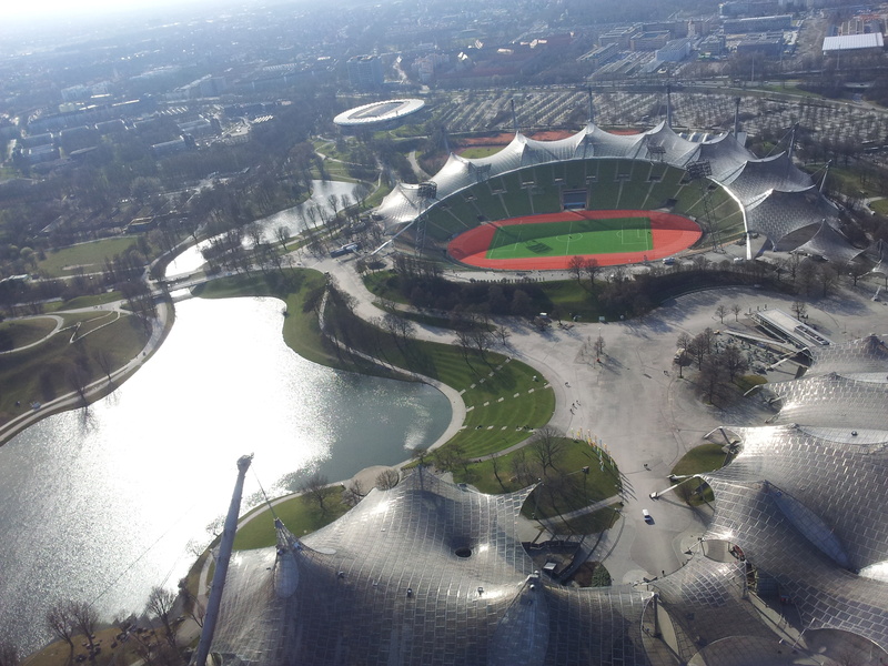 city, stadium, high angle view, olympic park, air vehicle, view, no people, water, river, transportation, sport, top, olympiasee, flying, outdoors, building exterior