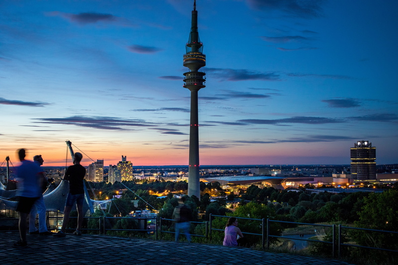 dusk, city, communication, building exterior, sky, tv tower, cityscape, observation tower, built structure, technology, bavaria munich, blue hour, olympia