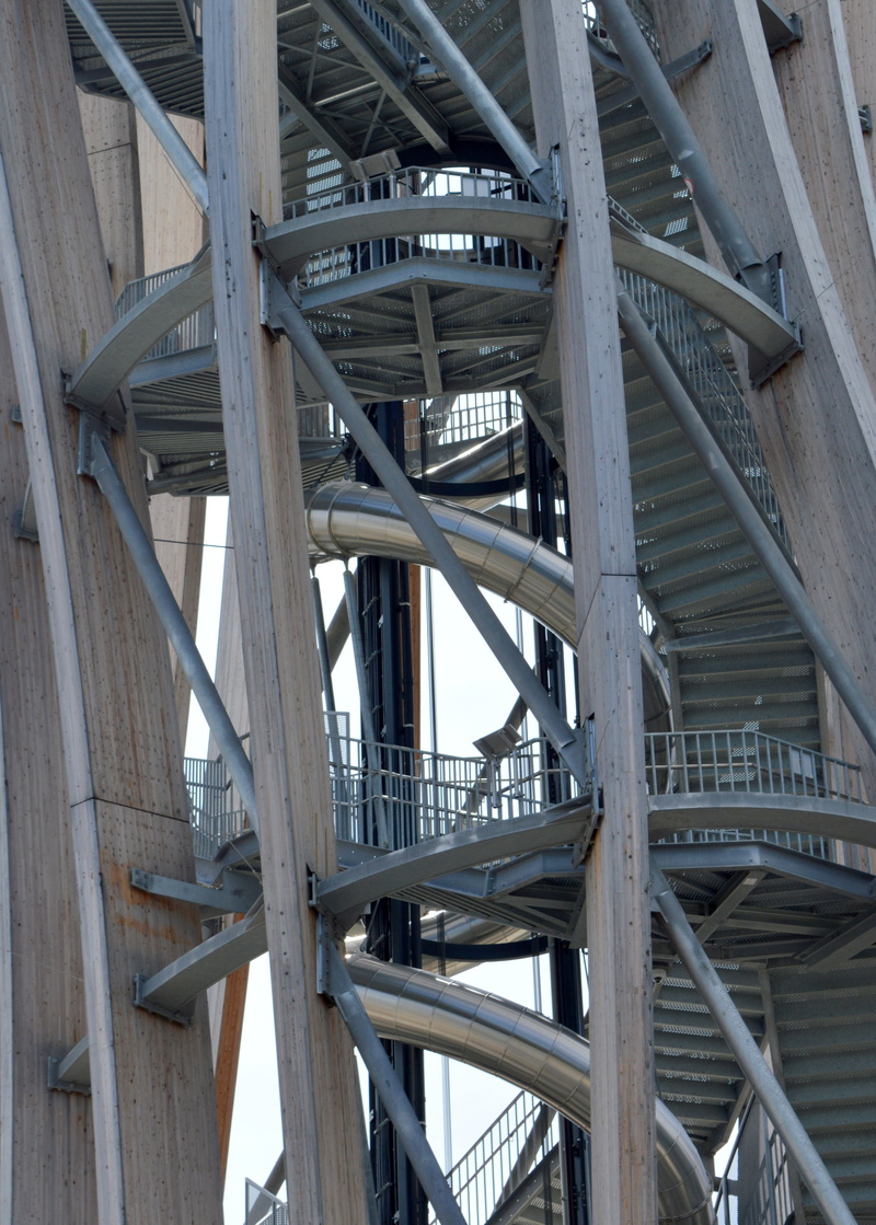 observation tower, metal, wooden tower, 4K, outdoors, low angle view, built structure, connection, building exterior, wood - material, transportation