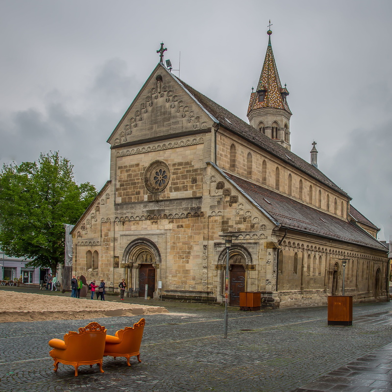place of worship, building exterior, facade, house of hohenstaufen, swabian gmünd, christianity, spire, 2K, rhaeto romanic, romanesque church, sky, day