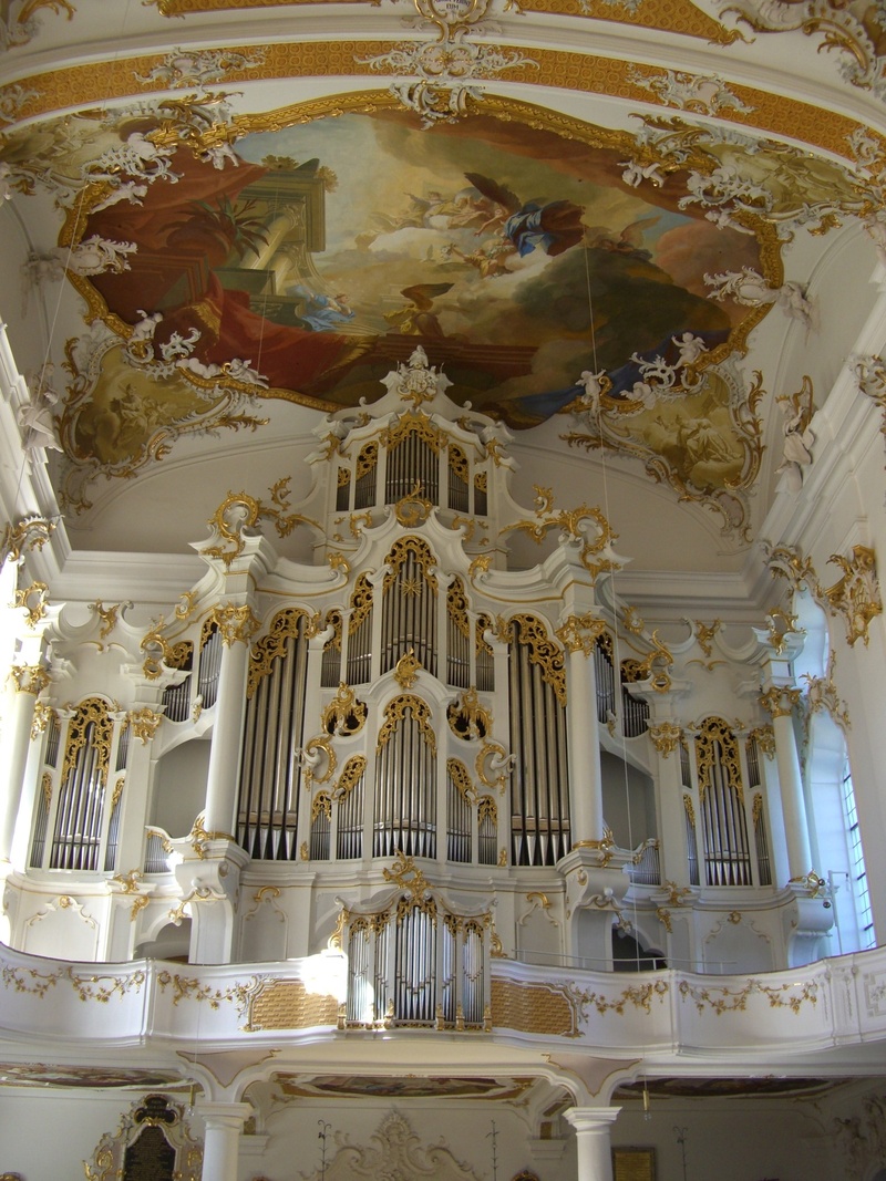 no people, monastery church, gallery, building, architectural column, indoors, built structure, musical instrument, bavaria, history, ceiling, swabia, 1080P