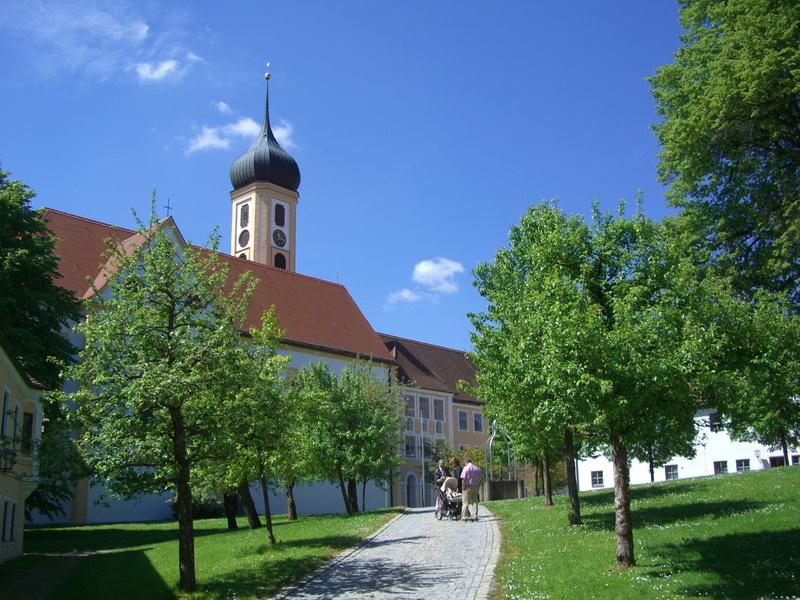 monastery church, tree, 1080P, blue, building exterior, architecture, nature, men, outdoors, built structure, place of worship, bavaria, oberschönenfeld