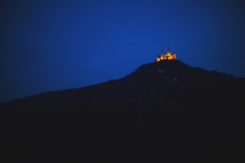 architecture, illuminated, religion, building exterior, baden württemberg, kingdom, night, bisingen, clear sky, hohenzollern, blue, low angle view, hohenzollern castle