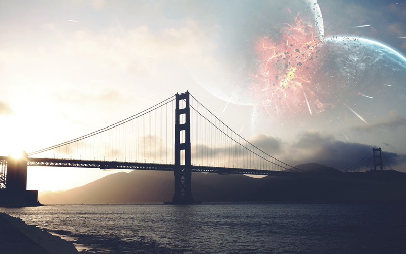 rope bridge, Vadim Sadovski, water, sky, 1080P, digital art, planet, Golden Gate Bridge, fantasy art, fan art