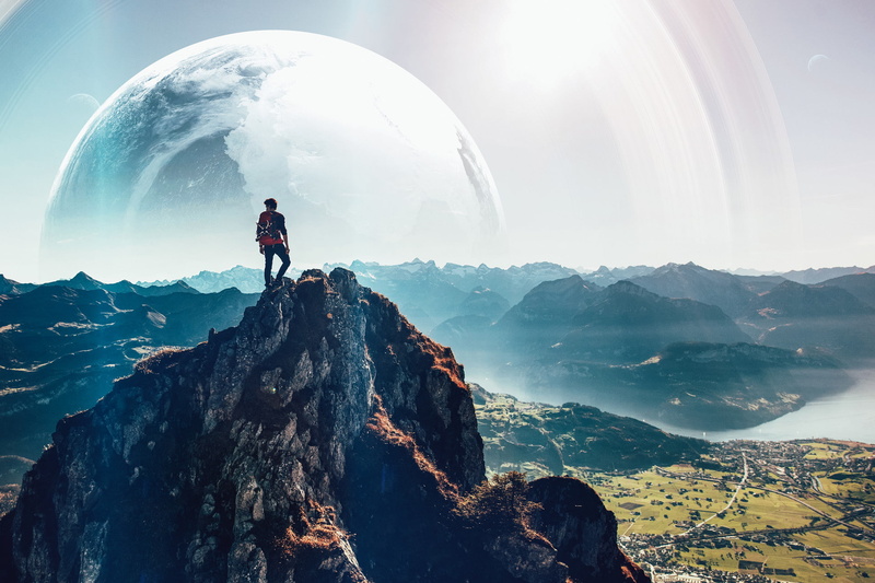 planet, men, mountains, fantasy art, 1080P, Vadim Sadovski, photo manipulation, landscape, digital art