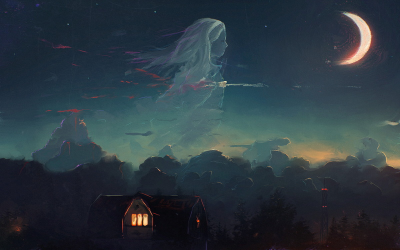 fantasy art, artwork, house, ghost, 2K, moonlight