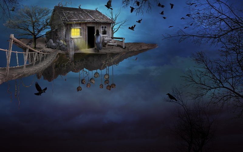 ghost, skulls, scary house, raven, moon, Fantasy, 2K