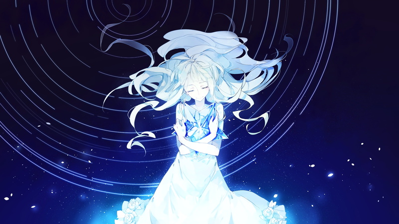 night, animal wildlife, blue, anime girl, creativity, human representation, nature, jellyfish, stars, indoors, representation, space, low angle view, digital composite