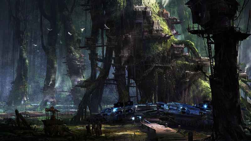 spaceship, landscape, environmental art, forest, tree, fantasy world, fantasy art, art, fantasy, 4K, darkness, jungle