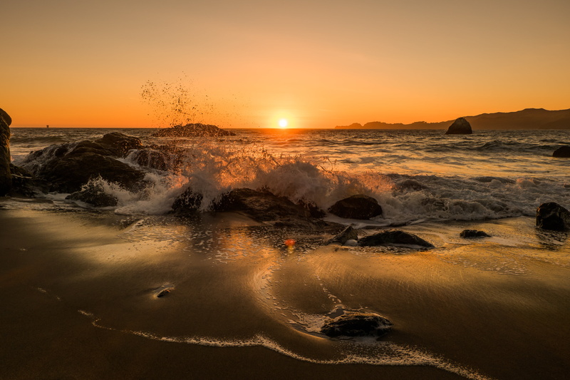 coastline, rock, land, beauty in nature, sunlight, sea, last light, scenics - nature, nature, sun, dusk, outdoors, 4K, sand, orange color, motion, sport