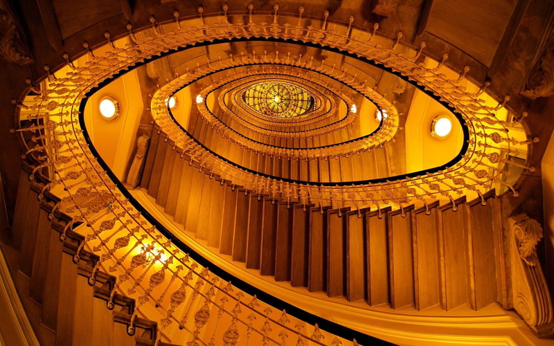 Stairs, Golden, 1080P, Man Made, Spiral Staircase