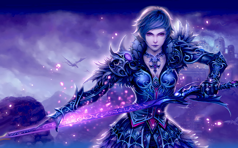 Dragon, Sword, Castle, Short Hair, Woman, Girl, Purple Eyes, Women Warrior, 1080P, Blue, Fantasy