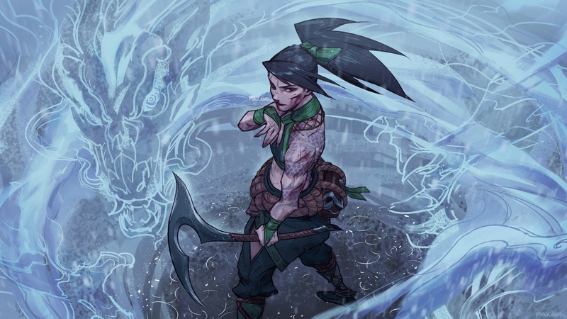 League of Legends, tattoo, digital art, video game girls, fan art, Riot Games, dark hair, MKUCHIMA, video game characters, 4K, blood, dragon, illustration