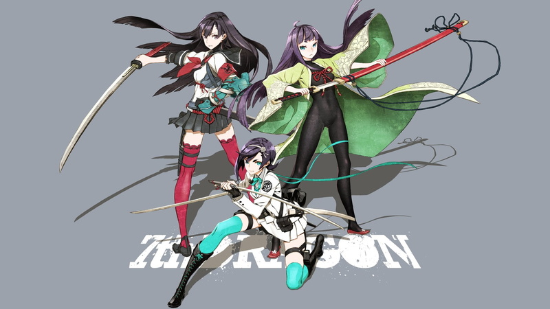 Smile, 7th Dragon 2020, Purple Hair, Long Hair, Weapon, Thigh Highs, Blush, Girl, Video Game, Black Eyes, Katana, Black Hair, Dress, Skirt, 1080P, Blue Eyes