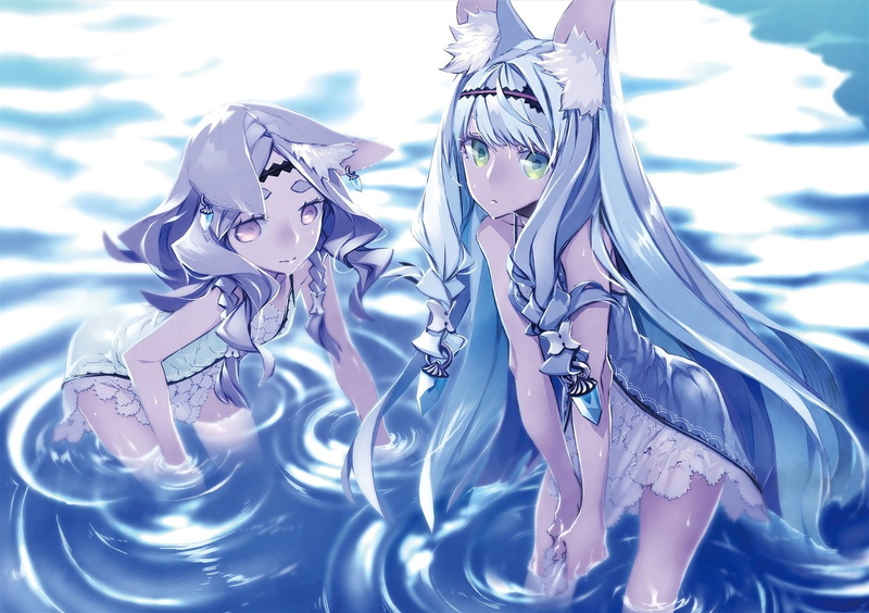 Headband, Video Game, Digital Art, Green Eyes, Animal Ears, Purple Hair, Water, Girl, Braid, Long Hair, Blue Hair, 7Th Dragon, Purple Eyes, 720P