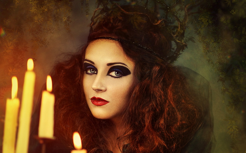 portrait, young adult, Wiccan, indoors, witch, religion, Dark, close-up, long hair, wicca, beauty, candle, hair, make-up, one person, flame, adult, 2K