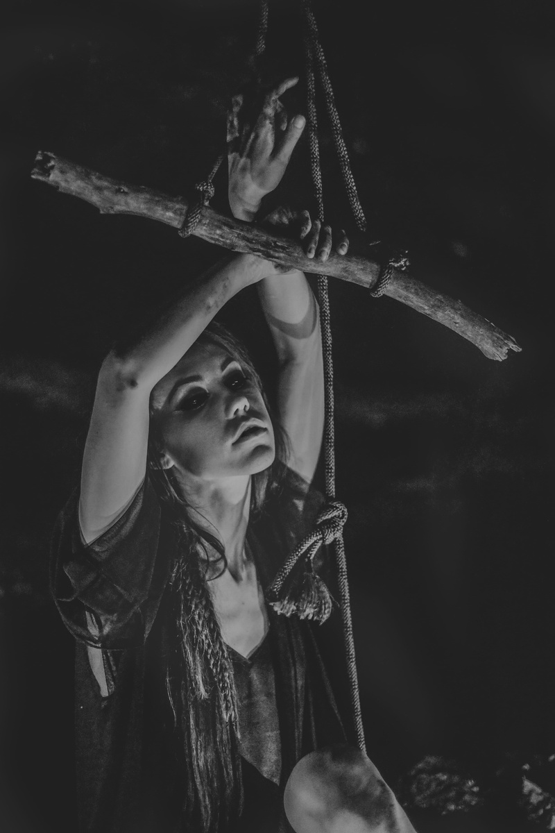 hand, lifestyles, black and white, mid adult, one person, woman, real people, tree, hanging, females, holding, wicca, grayscale, rope, headshot, eye, night