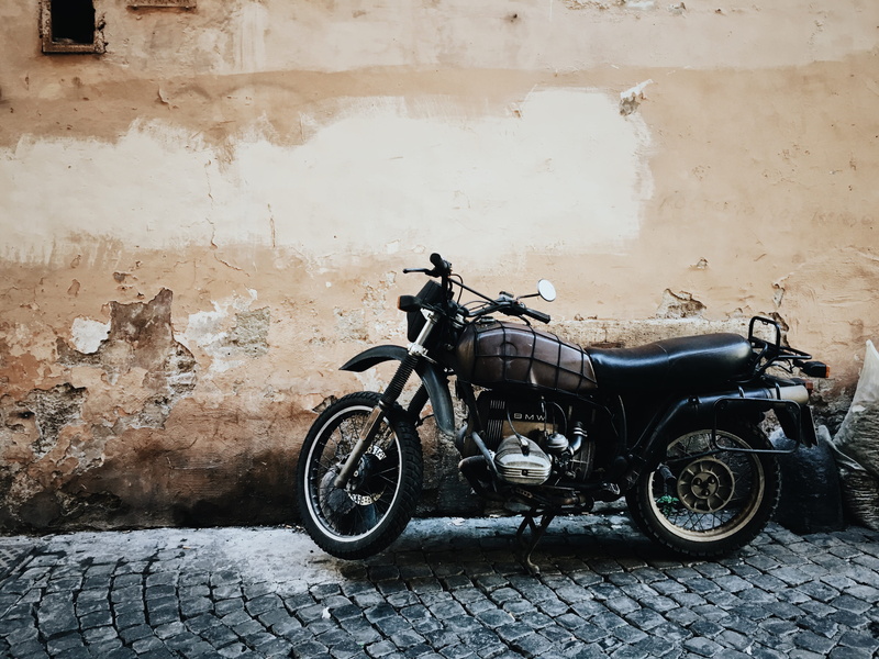 transportation, standard, texture, damaged, motorbike, road, scooter, wheel, wall, old, stone, street, parked, daytime, architecture, land vehicle, parking