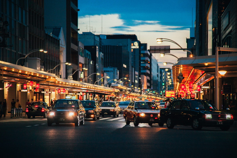 asphalt, motor vehicle, downtown, taxi, traffic, transportation, time, night, city life, car, 5K, streetlight, motion, turn, city, vehicle light, cityscape