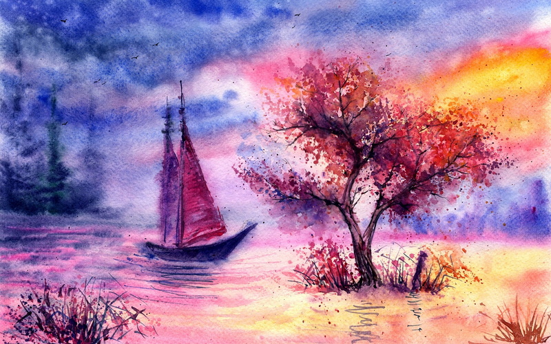 Sailing, 1080P, Tree, River, Evening, Watercolor, Landscape