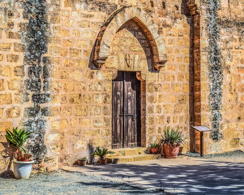 christianity, potted plant, cyprus, exterior, door, brick, sunlight, medieval, arch, wall - building feature, brick wall, building, byzantine, 4K, nature