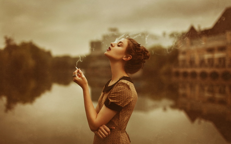 women outdoors, sepia, women, smoking, 1080P, polka dots, looking up, cigarettes, arms on chest, closed eyes