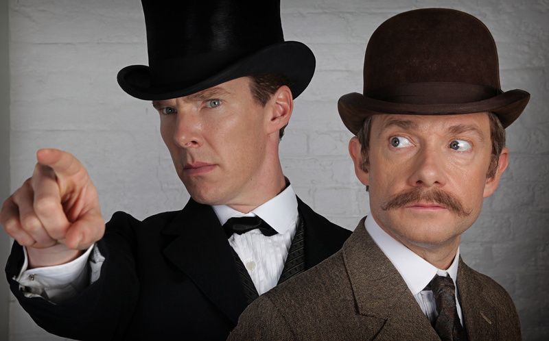 Sherlock, Sherlock BBC, John Watson, Sherlock Holmes, hats, mustache, Sherlock (TV series), 4K
