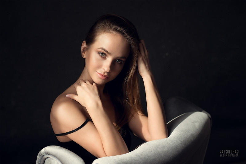 women, studio shot, bare shoulders, sitting, face, black background, one person, looking at camera, fashion, young adult, indoors, adult, brown hair, Anton Parshunas