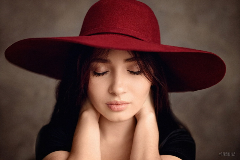bokeh, fashion, beautiful people, clothing, fashion model, eyes closed, red, women indoors, one person, hat, beautiful woman, beauty, model, Anton Parshunas