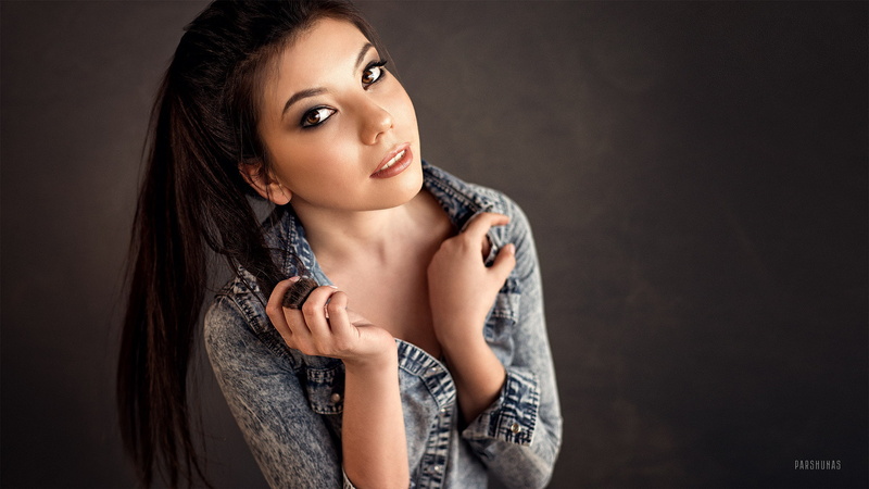 long hair, jeans shirt, brown eyes, brunette, adult, brown hair, touching hair, jean shirt, beautiful people, beauty, modern, fashion model, human face